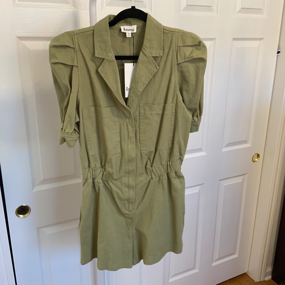 Twill Army Green Puff Sleeve Romper